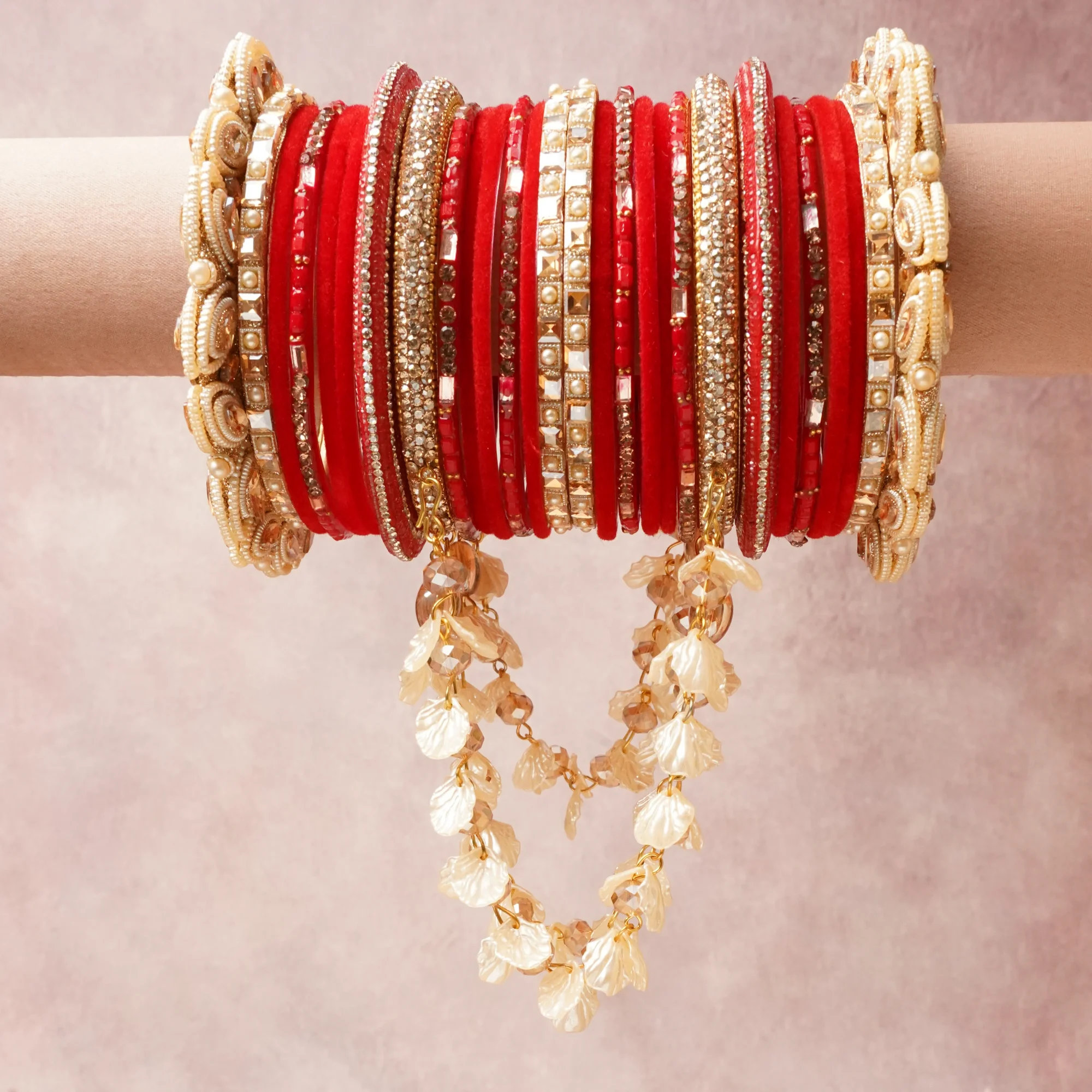 The Femminari Crown- Jewellery beyond luxury. A crown colour Deep Crimson set, complemented by Champagne Gold, Reflective Silver, Iridescent Nude, featuring Velvet, Gold-toned Alloy, Glass Beads, Faux Pearls, Mirrored Acrylic, Rhinestones. A treat for the eyes, hands and heart- absolutely unforgettable.